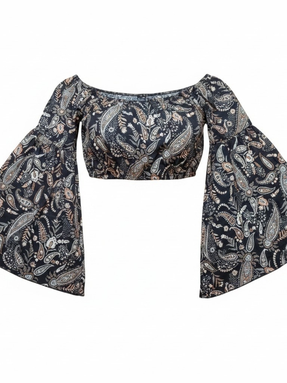 WINDSOR | Boho‎ Paisley Bell Sleeve Off Shoulder Festival Crop Top | S